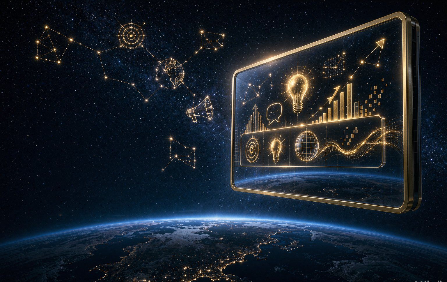 A luminous billboard floating in space above Earth