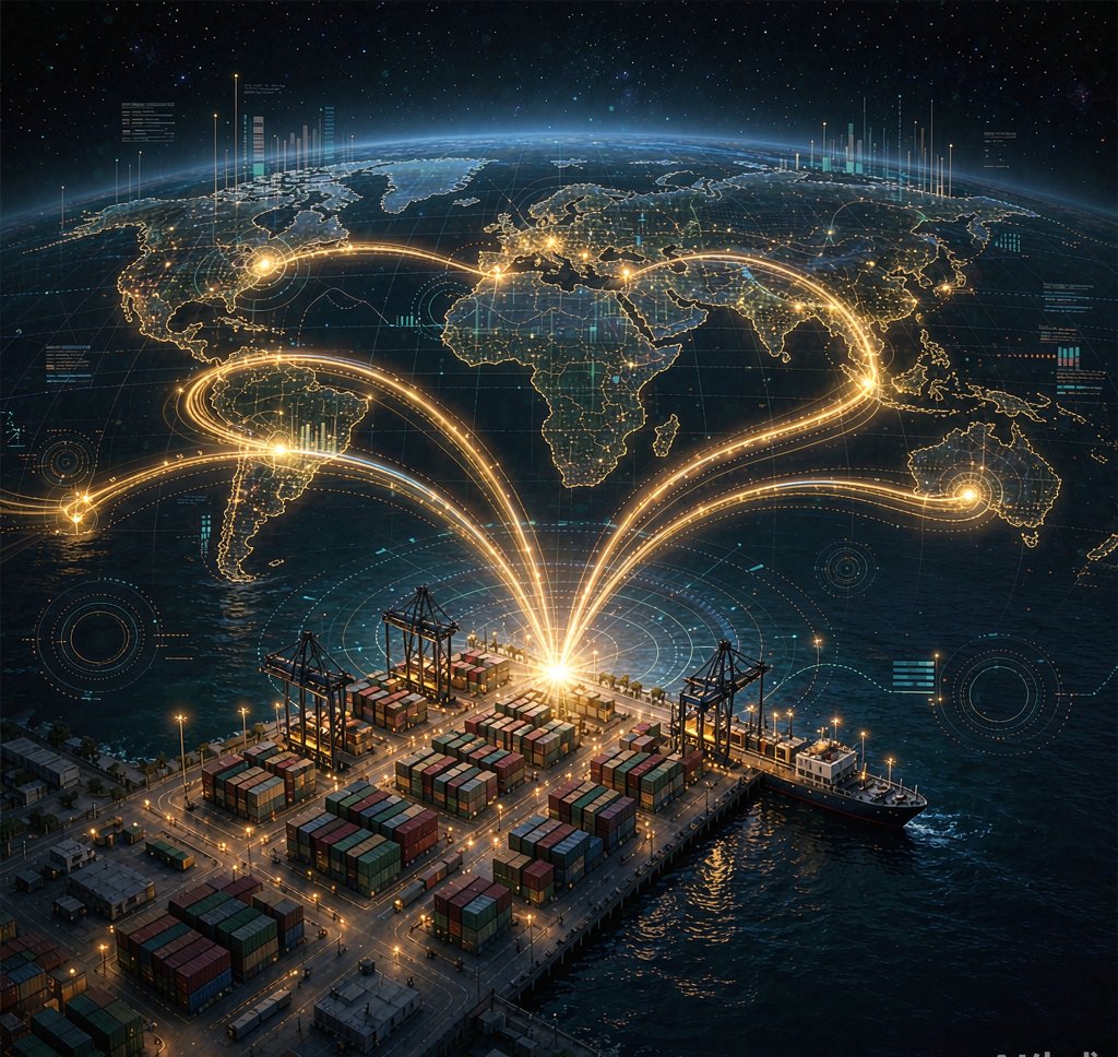 Global trade routes visualized over a container port at night
